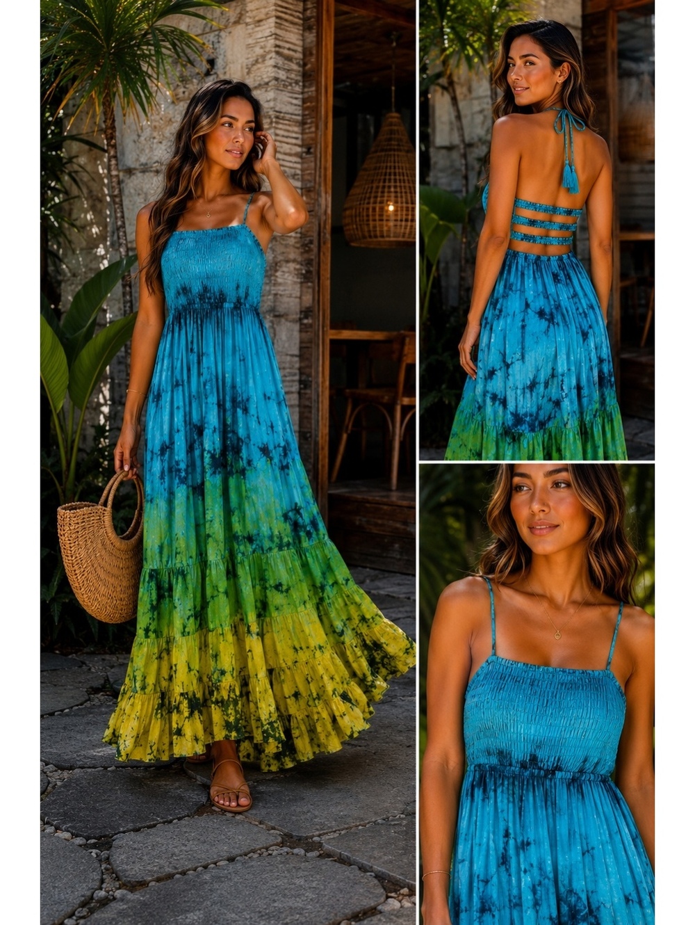 Tiare Hawaii One Size Tropical Ombré Smocked Strappy Tiered Maxi Dress